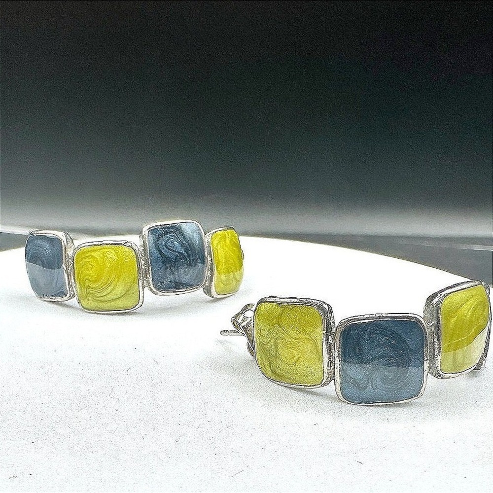 VTG Enamel Half Hoop Earrings Green Blue Square Retro Chunky Silver Tone Jewelry